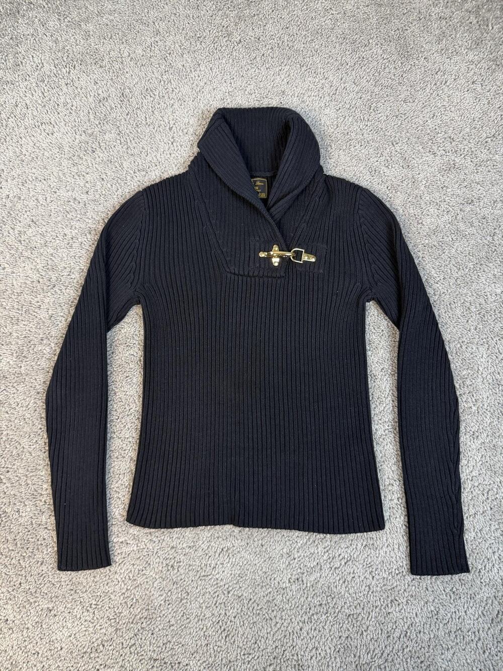 Ralph Lauren Sweater Womens PS Black Ribbed Lobster Clasp Cowl Ribbed High Neck